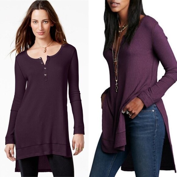 Free People Waffle Knit‎ Henley Thermal Dark Plum Purple Size XS Tunic Bohemian - Picture 1 of 13